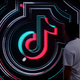 The TikTok logo lit up in neon with a person standing in front of it.